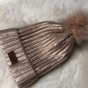 Britt’s Knits Metallic Rose Gold Ribbed Knit Hat PomPom Beanie